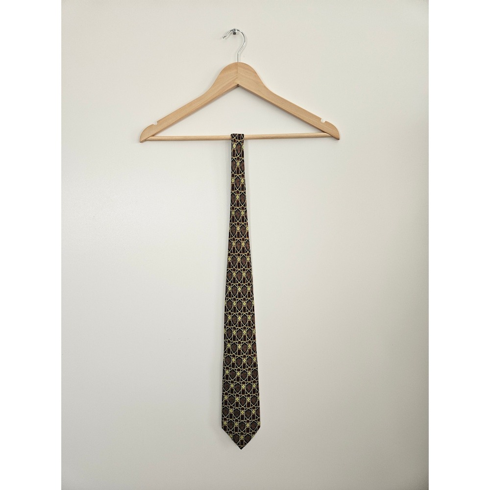 Brioni Roma Silk Tie‎ Brown Gold Geometric Medallion Italy Handmade Luxury